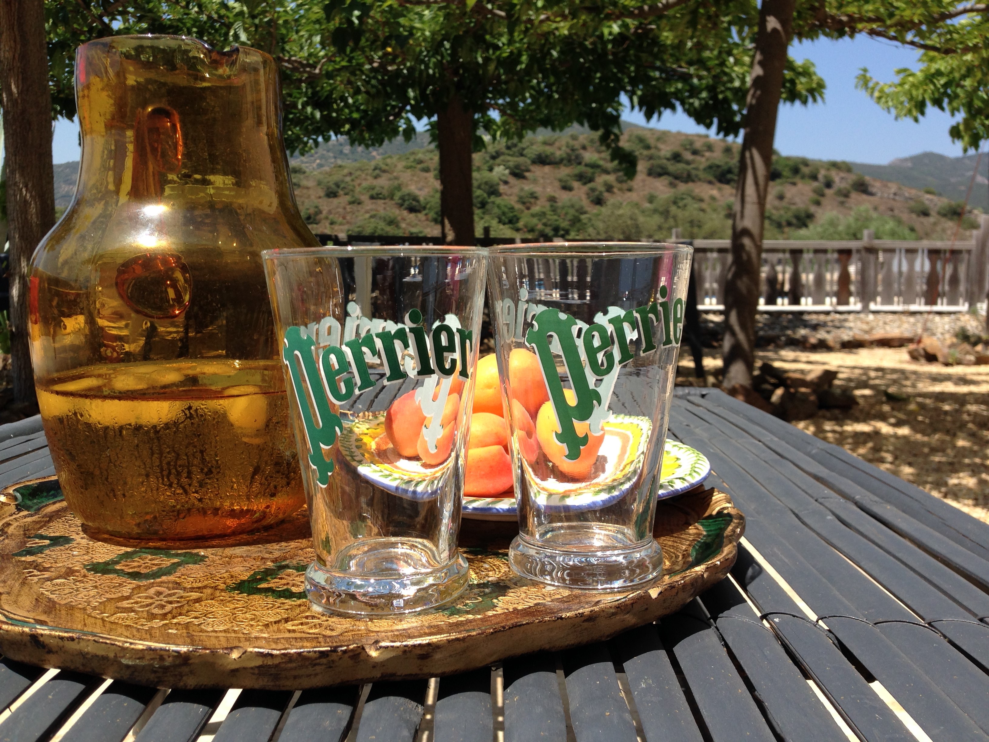 Perrier glasses and apricots